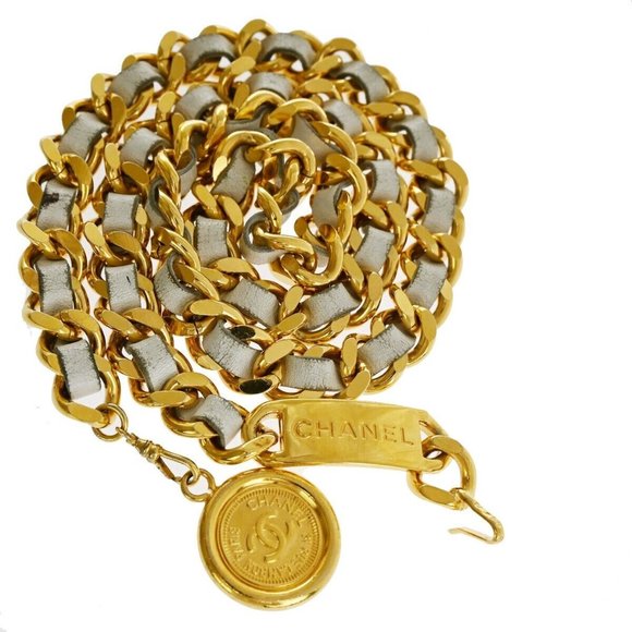 CHANEL CC Coin Medallion Charm Chain Belt Leather White GHW Accessory 95RJ347 - Picture 1 of 15